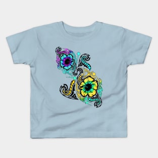 Blue and Yellow Hibiscus Flower Tribals Kids T-Shirt